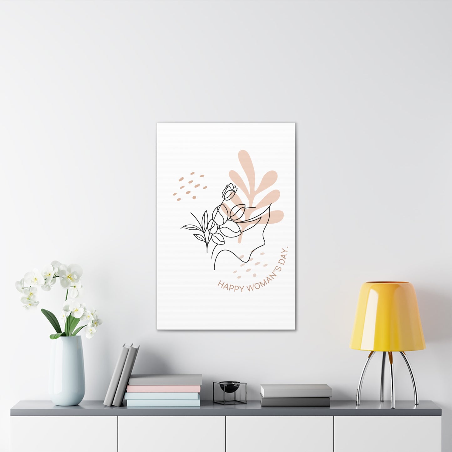 Happy Woman's Day Floral Canvas Art — Minimal Line Drawing Stretched Canvas