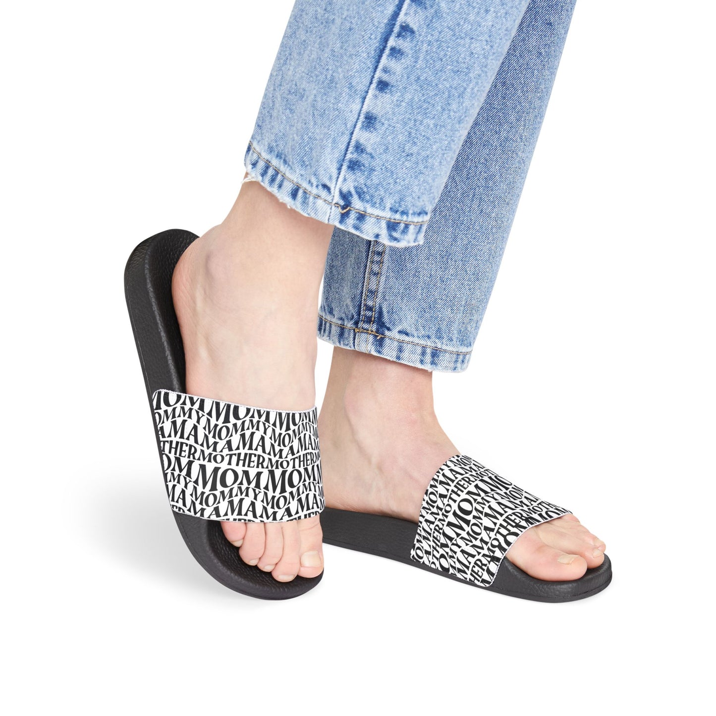 Women's Removable-Strap Slide Sandals — Black Typographic Print