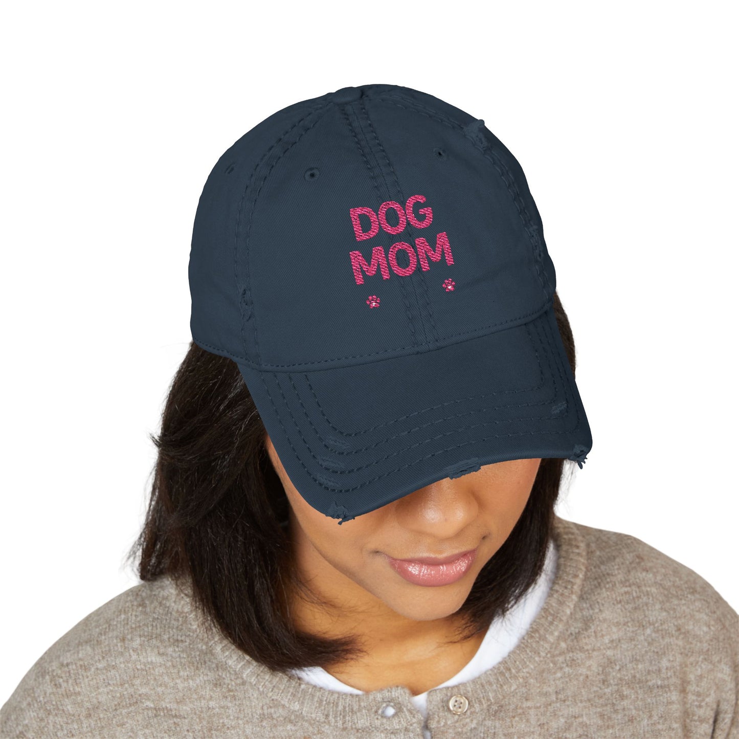 Dog Mom Embroidered Distressed Dad Hat – Pink Script
