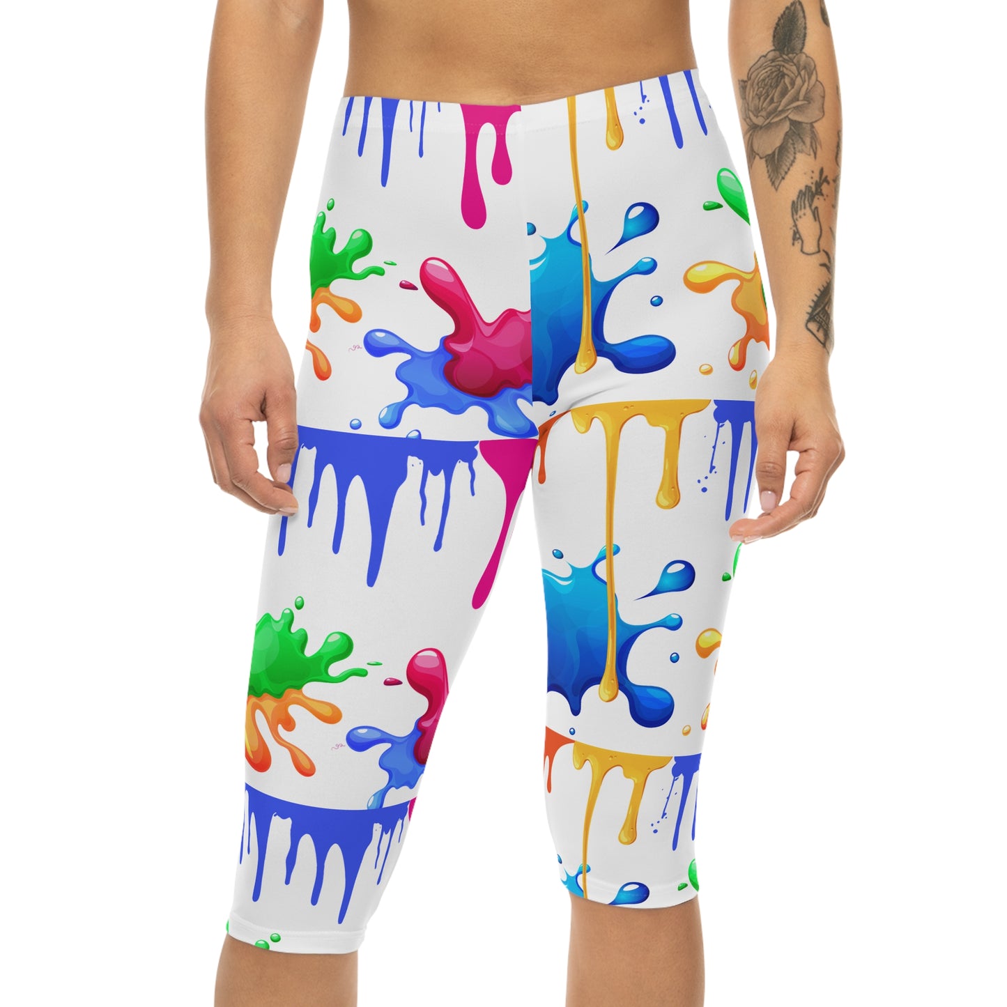 Color Splash Capri Leggings — Bright Paint Drip All-Over Print
