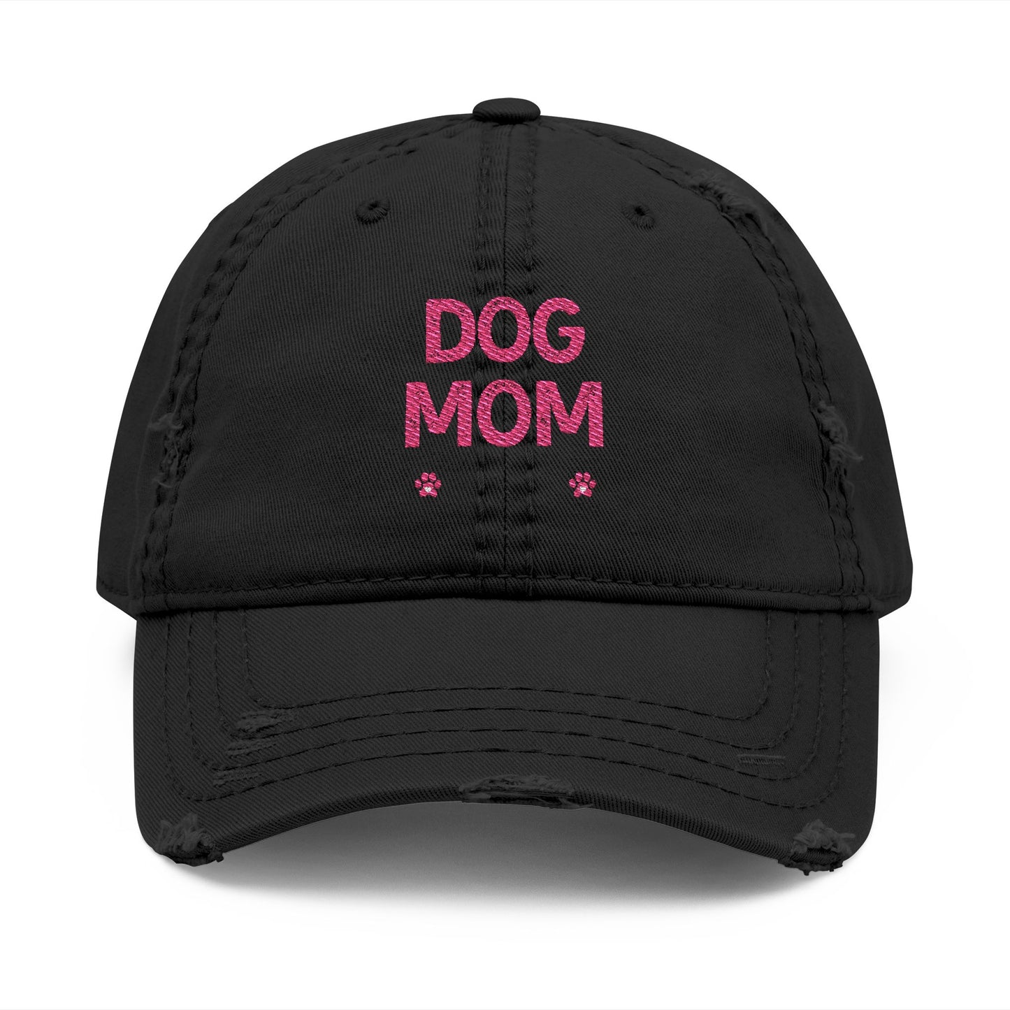 Dog Mom Embroidered Distressed Dad Hat – Pink Script