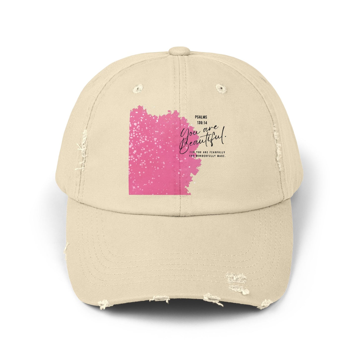 Distressed Baseball Cap - Pink Brushblock "You Are Beautiful" Design
