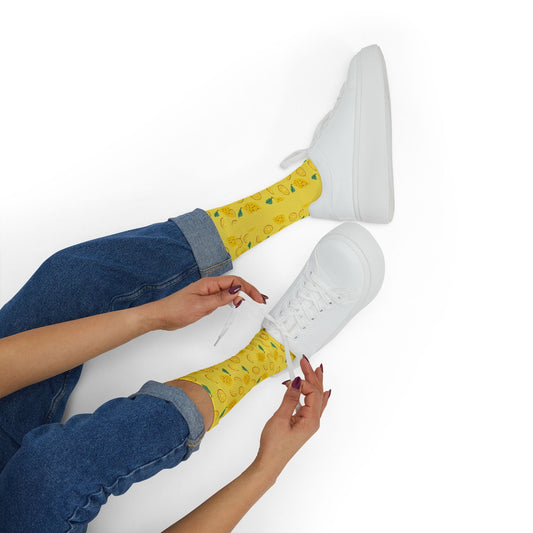 Lemon Pattern Sublimation Socks — Bright Yellow Citrus Crew Socks