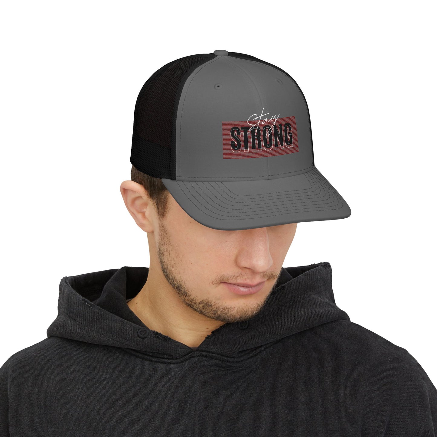 Strong Snapback Trucker Cap — Bold Red Text Mesh Baseball Hat