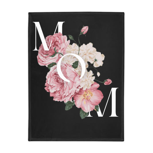 Monogram Floral Plush Fleece Blanket — MOM Lettered Black Rose Throw