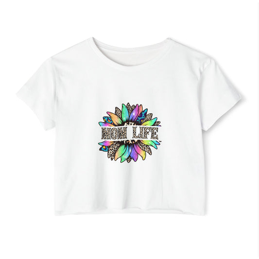 Festival Crop Top — 'High Life' Rainbow Feather Graphic