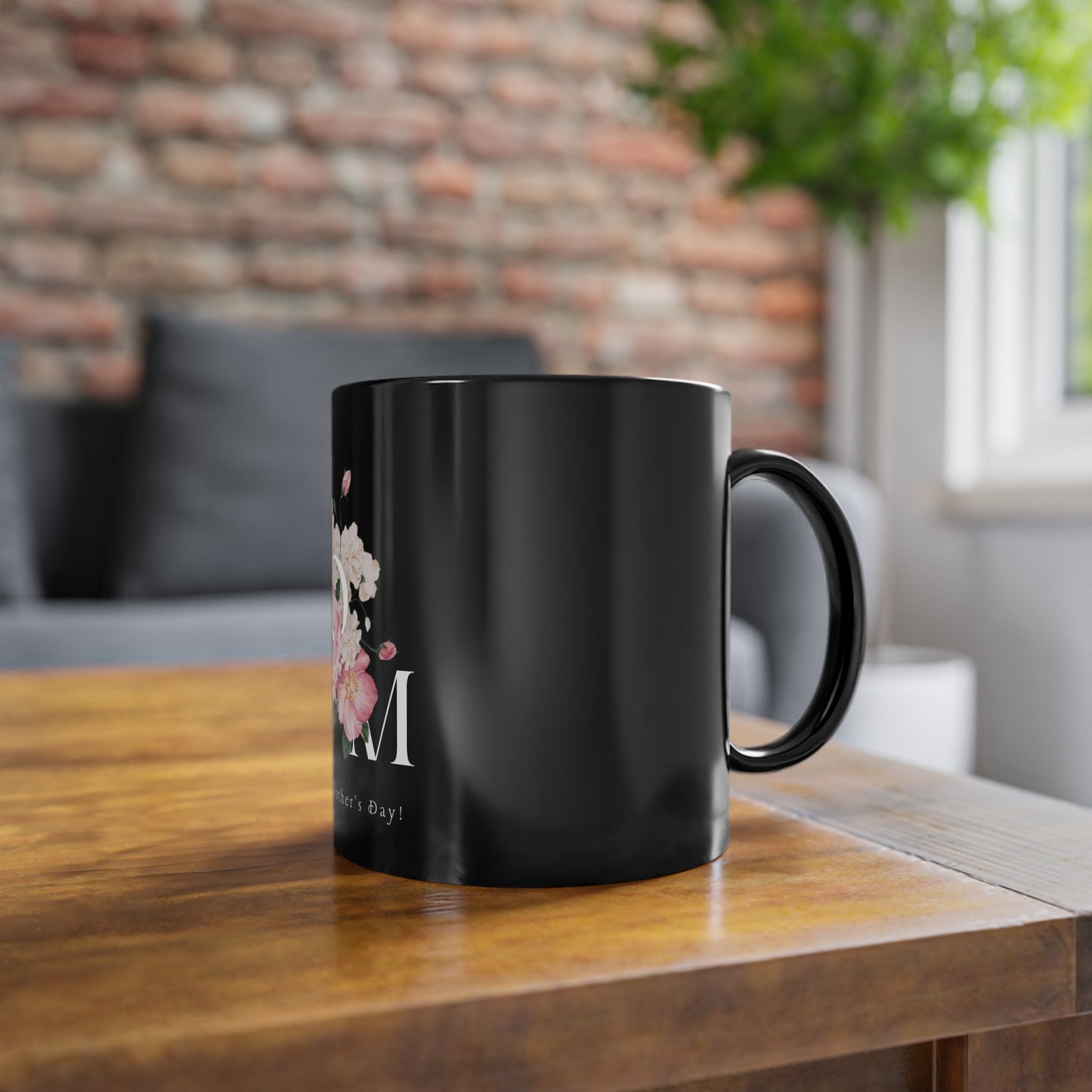 Mom Floral Black Coffee Mug — "MOM" Pink Peony Design, 11oz Mother's Day Gift