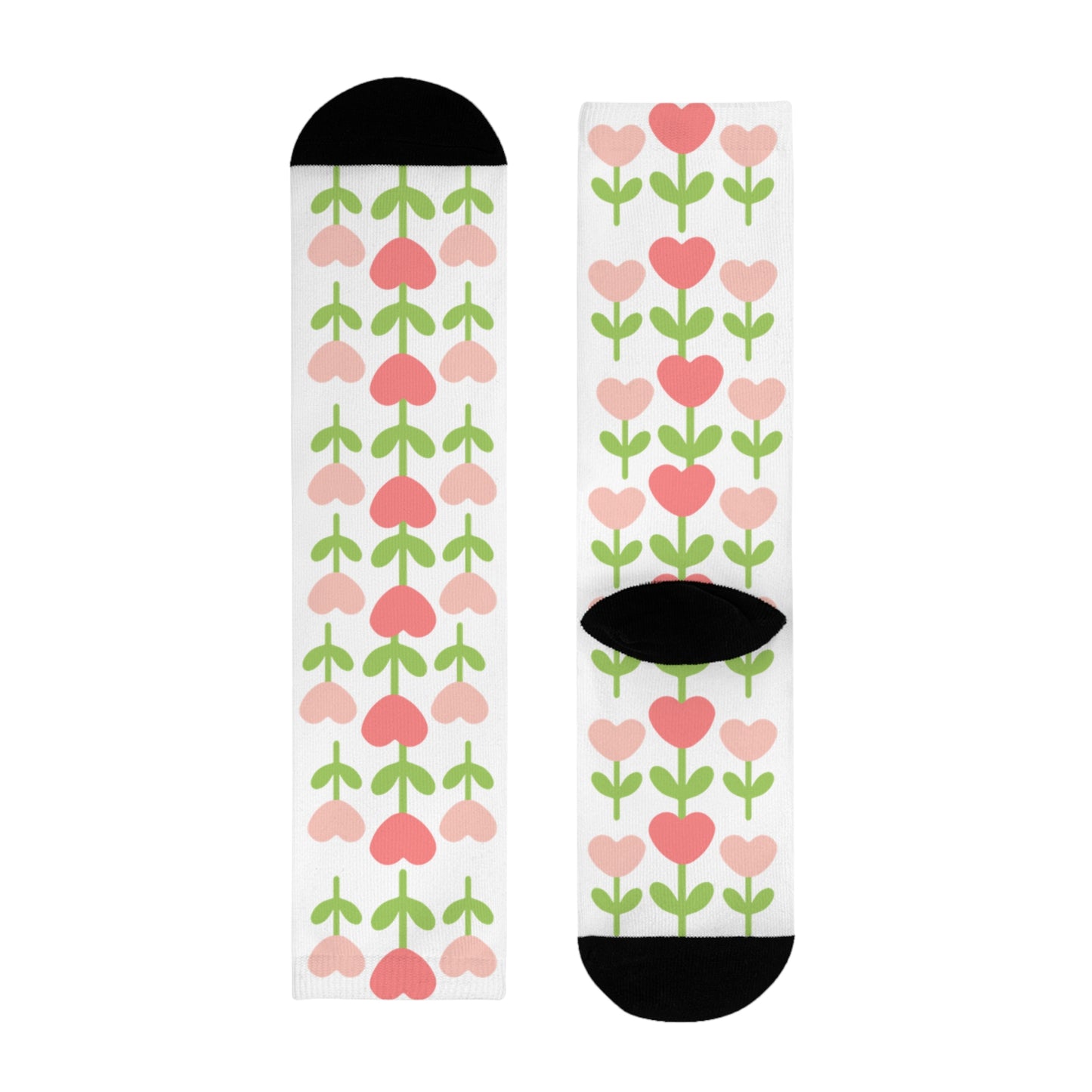Floral Heart Pattern Crew Socks — Pink Tulip Sublimation Socks