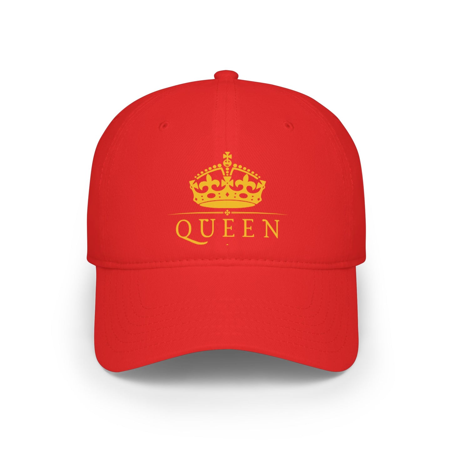 Queen Crown Baseball Cap — Red Low Profile Hat with Gold "QUEEN" Text
