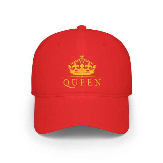 Queen Crown Baseball Cap — Red Low Profile Hat with Gold "QUEEN" Text