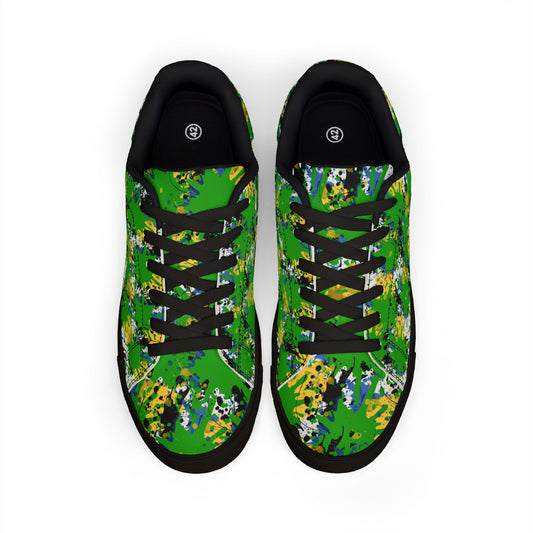 Men's Low-Top Sneakers — Green Abstract Splatter Leather Shoes