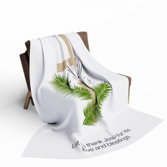 Palm Sunday Fleece Blanket – Happy Palm Sunday Cross & Palms Religious Throw with "Let us thank Jesus for His love and blessings"