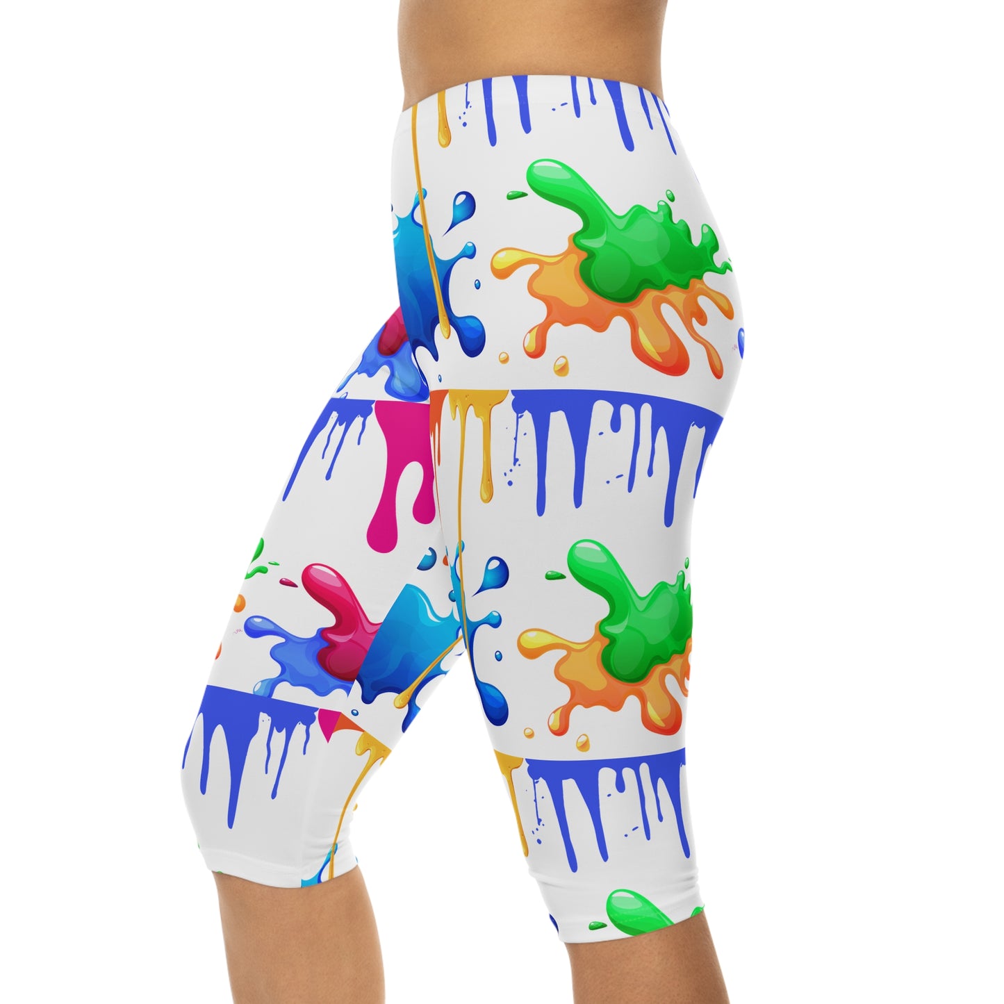 Color Splash Capri Leggings — Bright Paint Drip All-Over Print