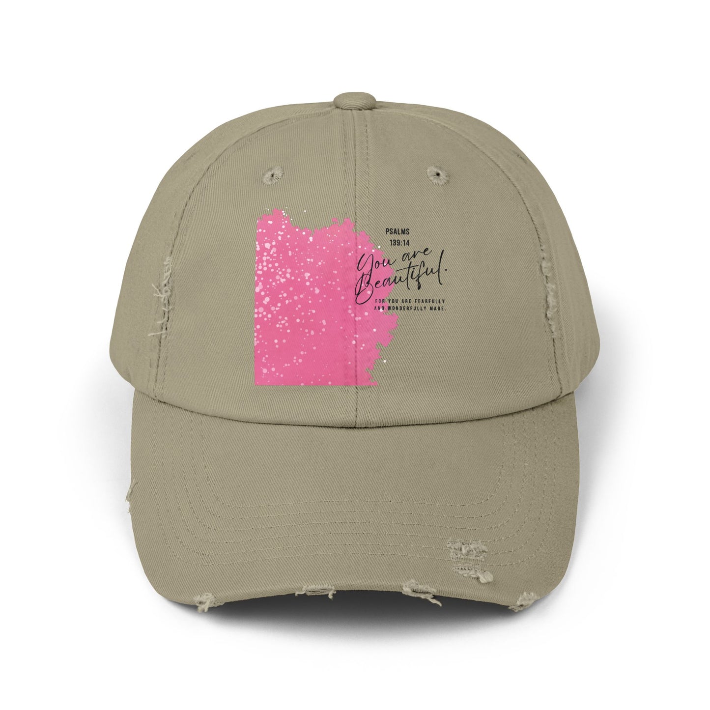 Distressed Baseball Cap - Pink Brushblock "You Are Beautiful" Design