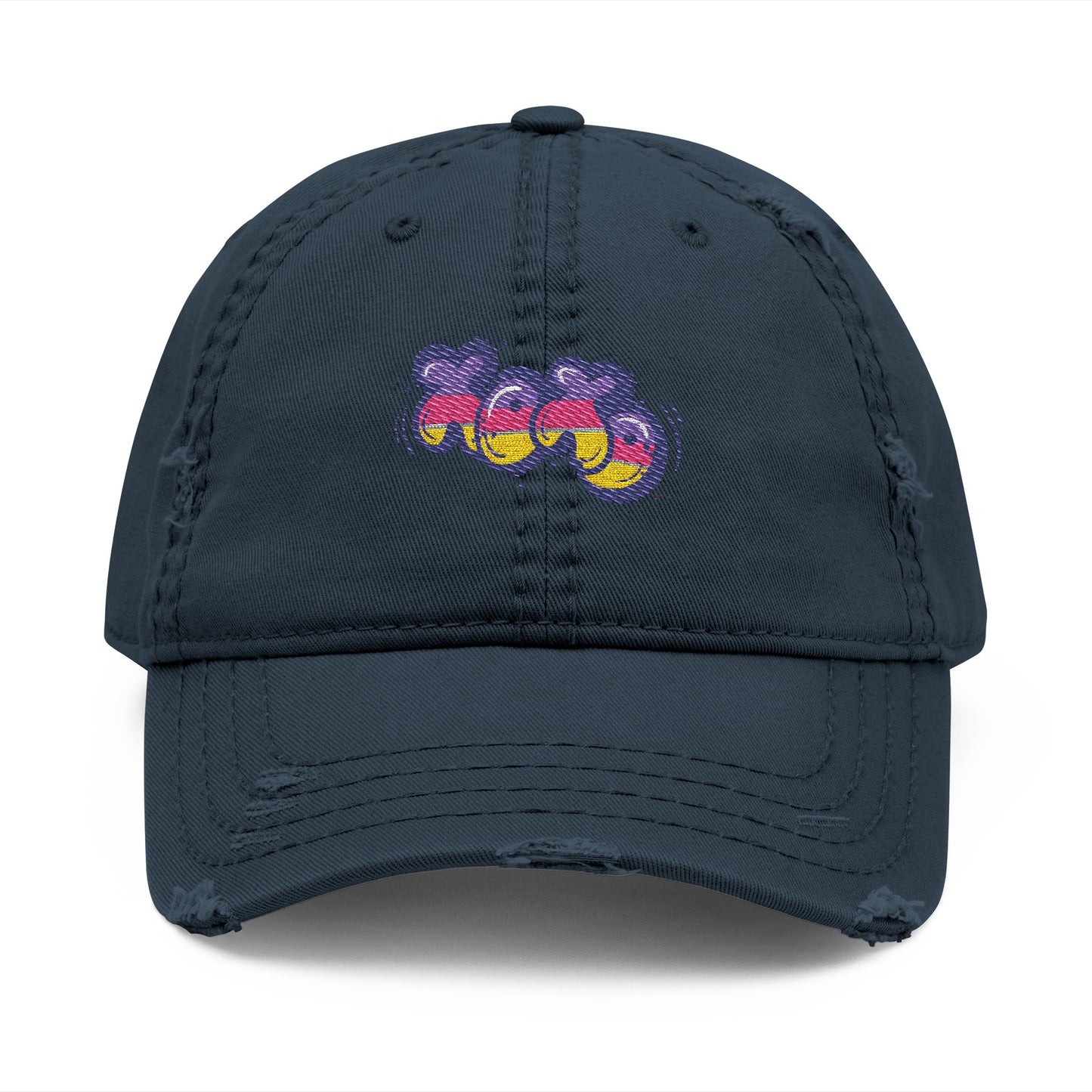 Distressed Embroidered Dad Hat — Colorful Retro Grapes Patch