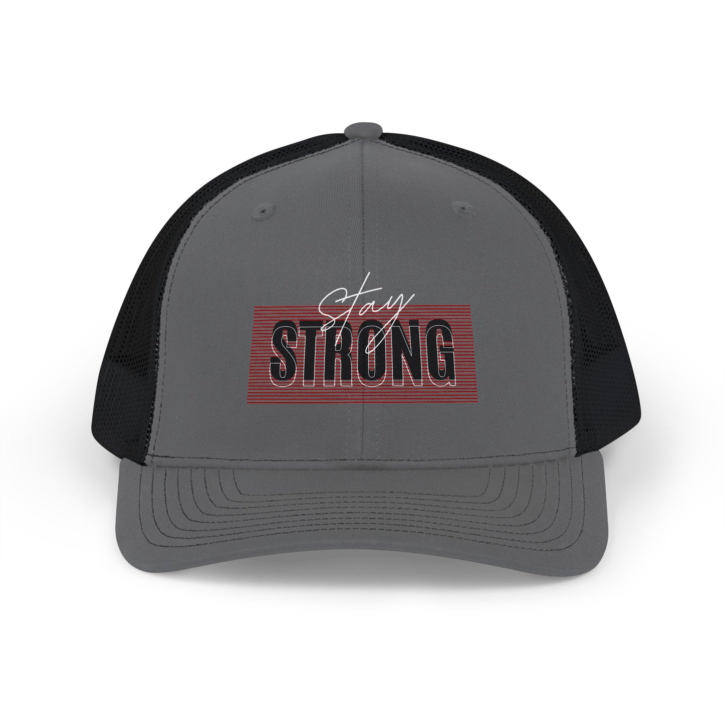 Strong Snapback Trucker Cap — Bold Red Text Mesh Baseball Hat