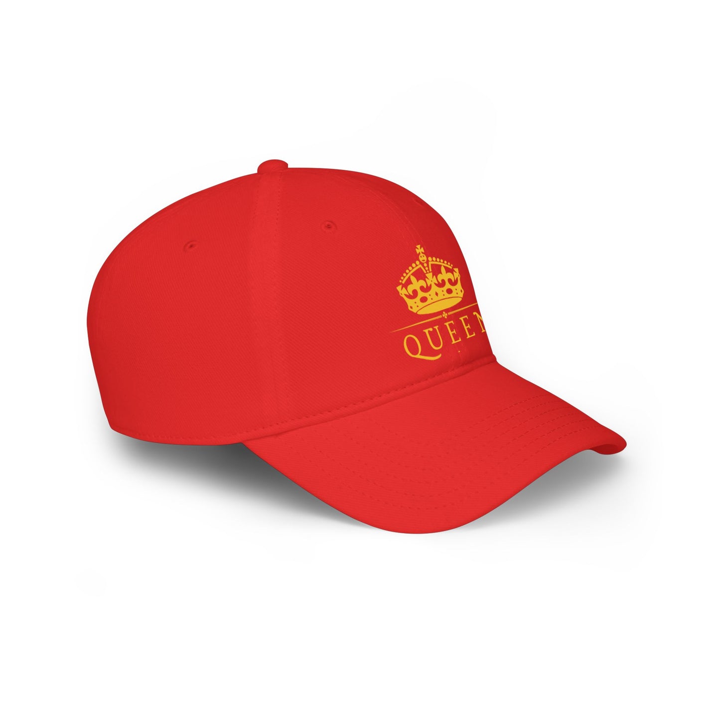 Queen Crown Baseball Cap — Red Low Profile Hat with Gold "QUEEN" Text