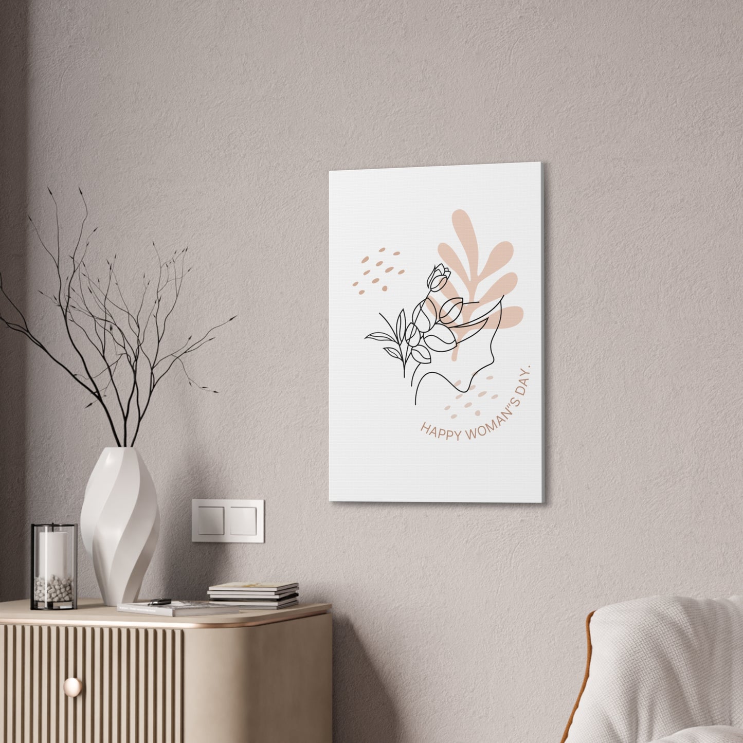 Happy Woman's Day Floral Canvas Art — Minimal Line Drawing Stretched Canvas
