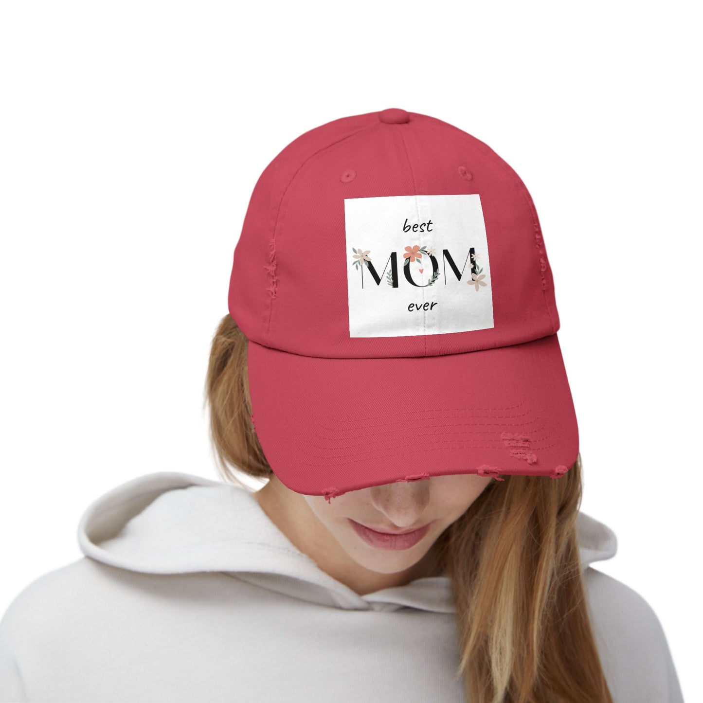 Best Mom Ever Distressed Cap - Floral Patch Mother’s Day Hat
