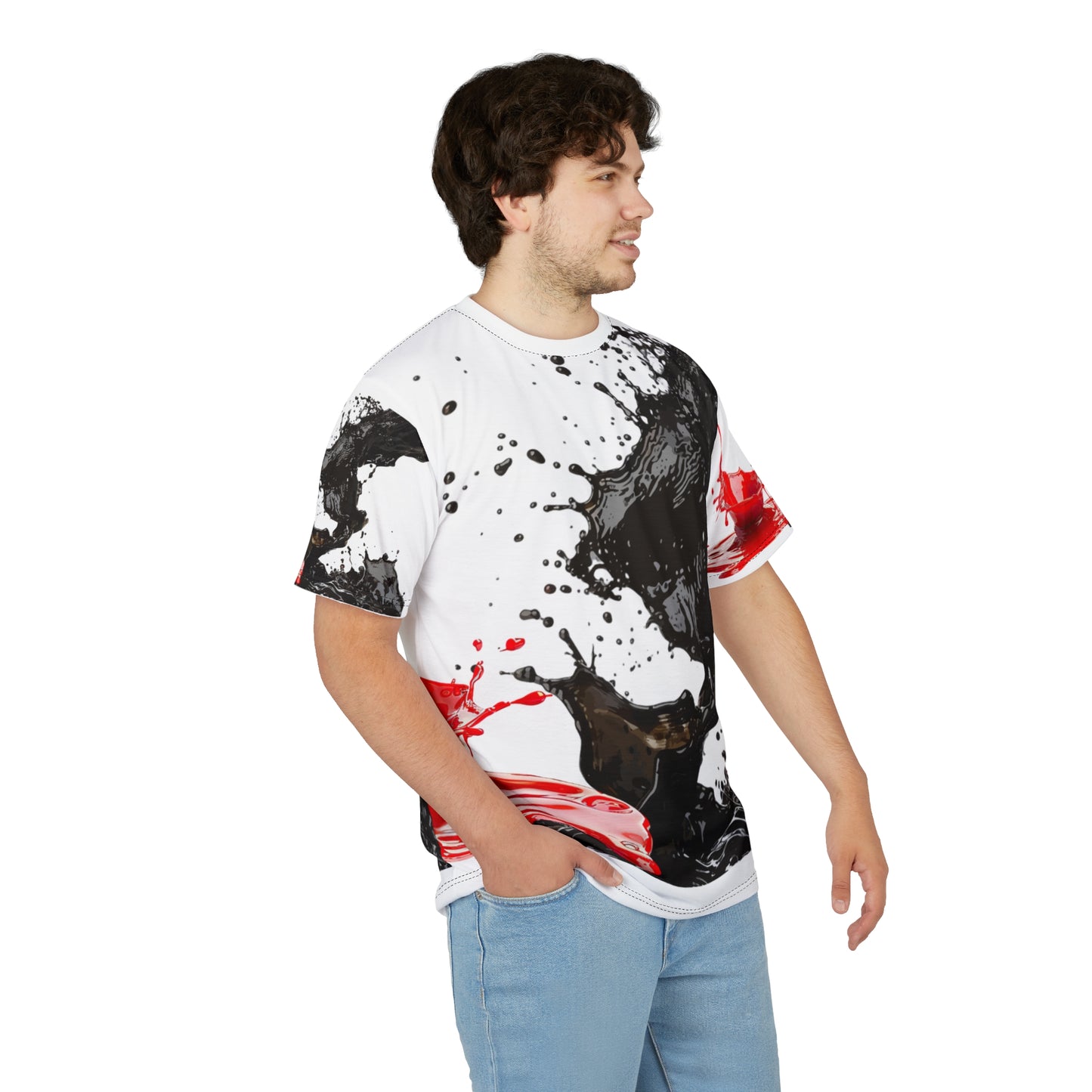 Ink Splash Tee – Abstract Black & Red All-Over Print Shirt