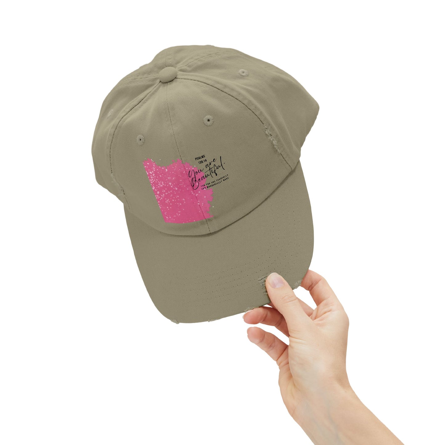 Distressed Baseball Cap - Pink Brushblock "You Are Beautiful" Design