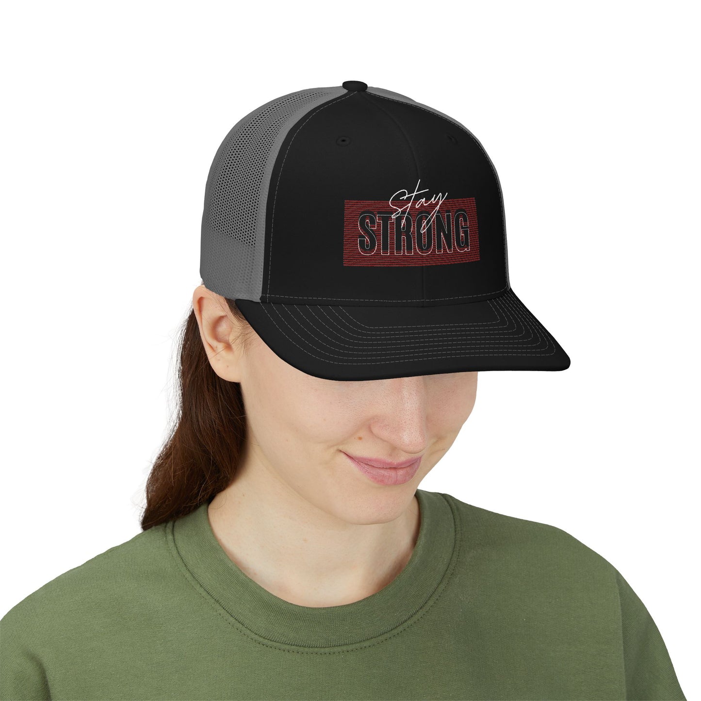 Strong Snapback Trucker Cap — Bold Red Text Mesh Baseball Hat