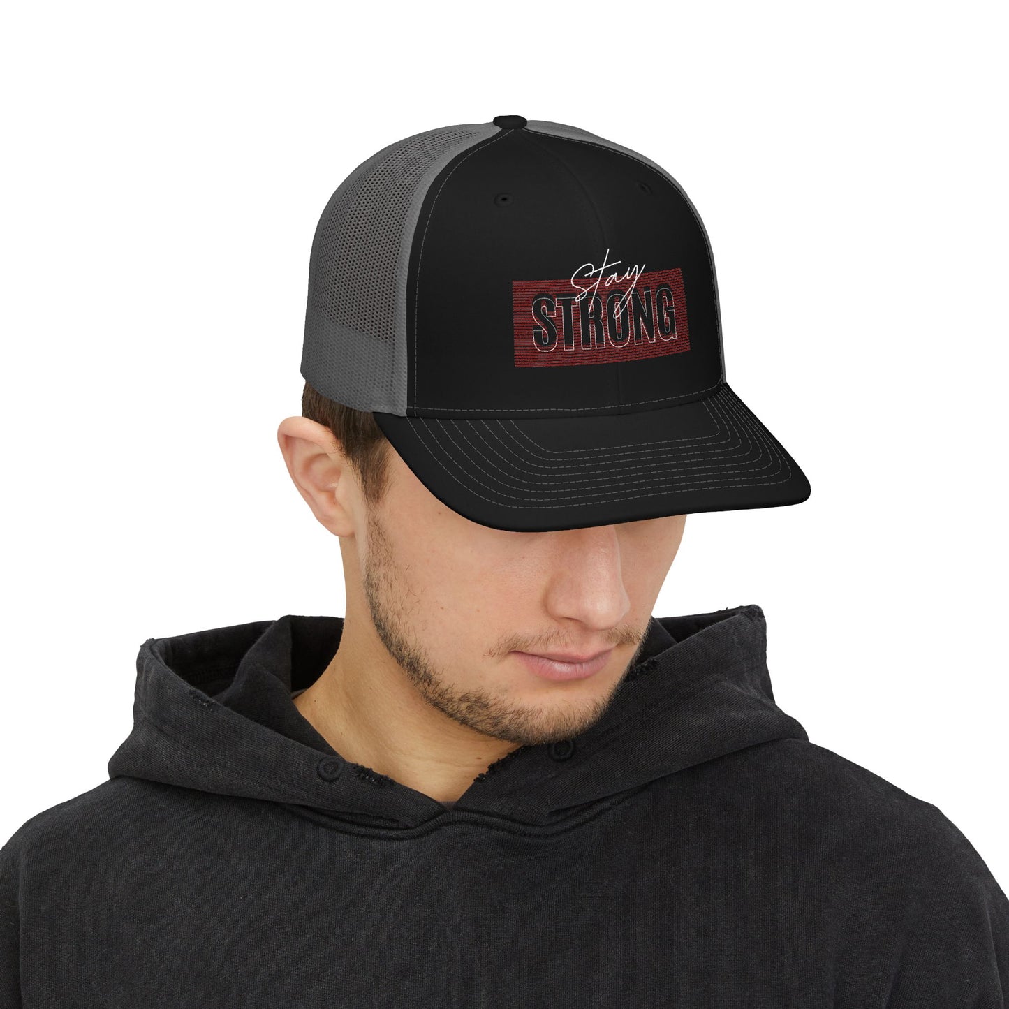 Strong Snapback Trucker Cap — Bold Red Text Mesh Baseball Hat