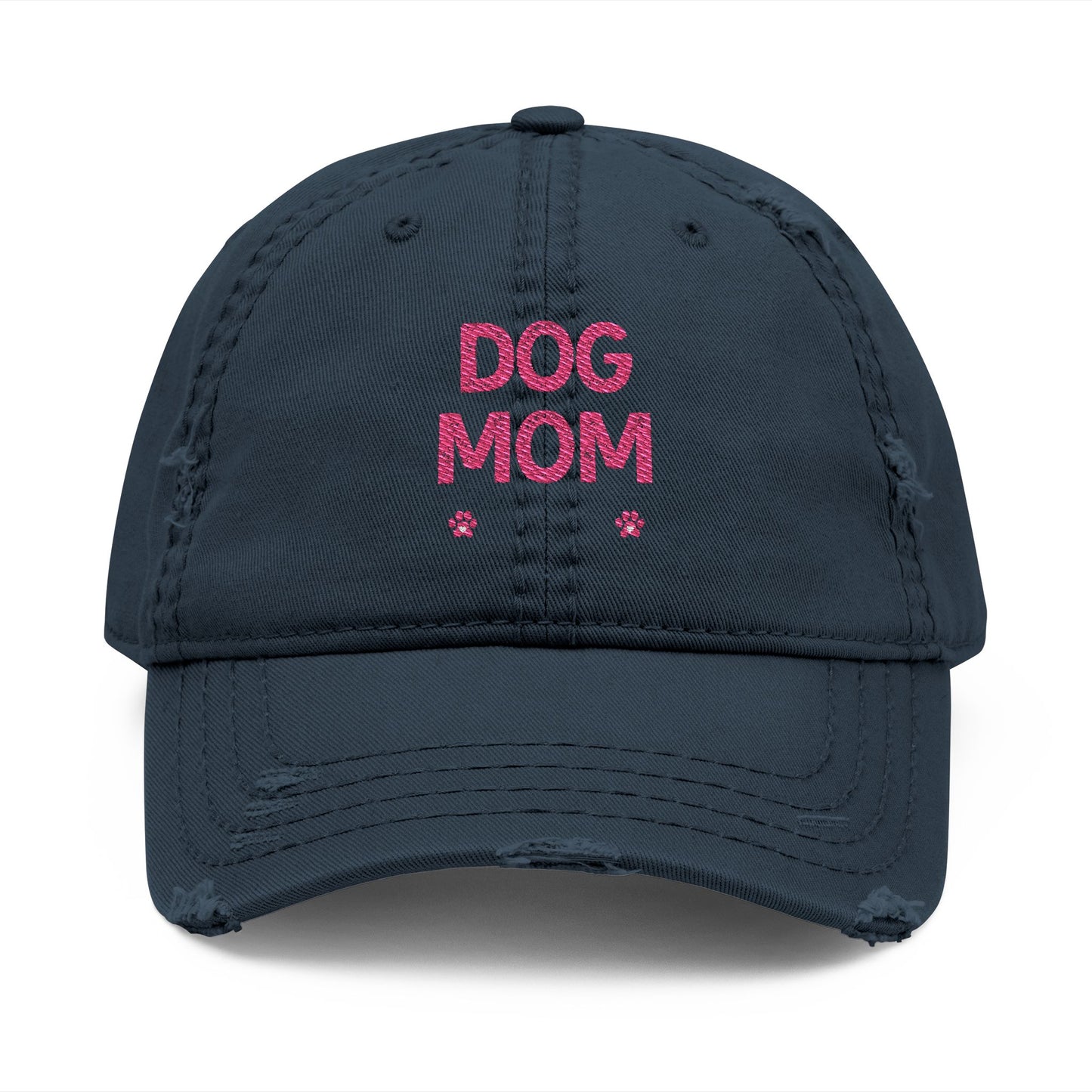 Dog Mom Embroidered Distressed Dad Hat – Pink Script