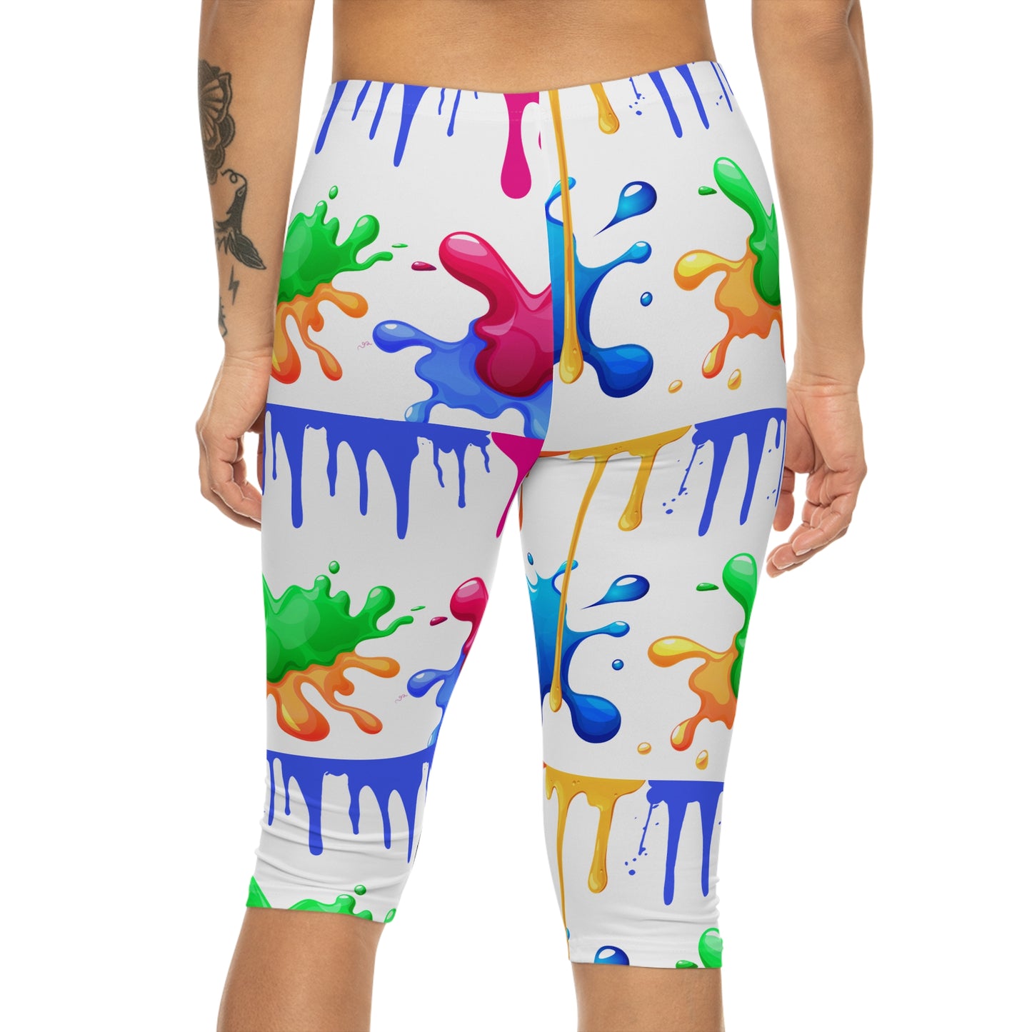 Color Splash Capri Leggings — Bright Paint Drip All-Over Print