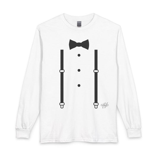 Tuxedo Print Long Sleeve Shirt — Novelty Bow Tie & Suspenders Tee