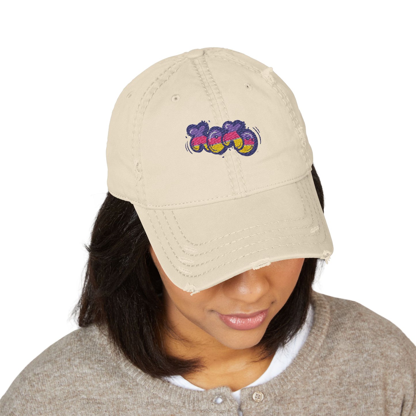 Distressed Embroidered Dad Hat — Colorful Retro Grapes Patch