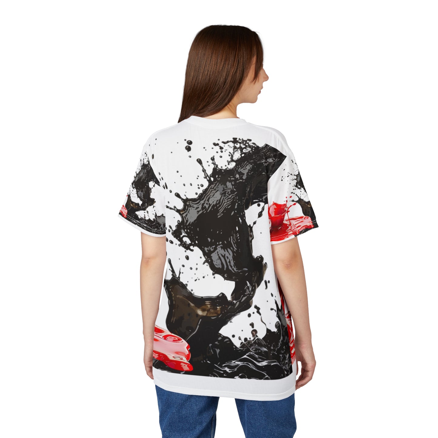 Ink Splash Tee – Abstract Black & Red All-Over Print Shirt