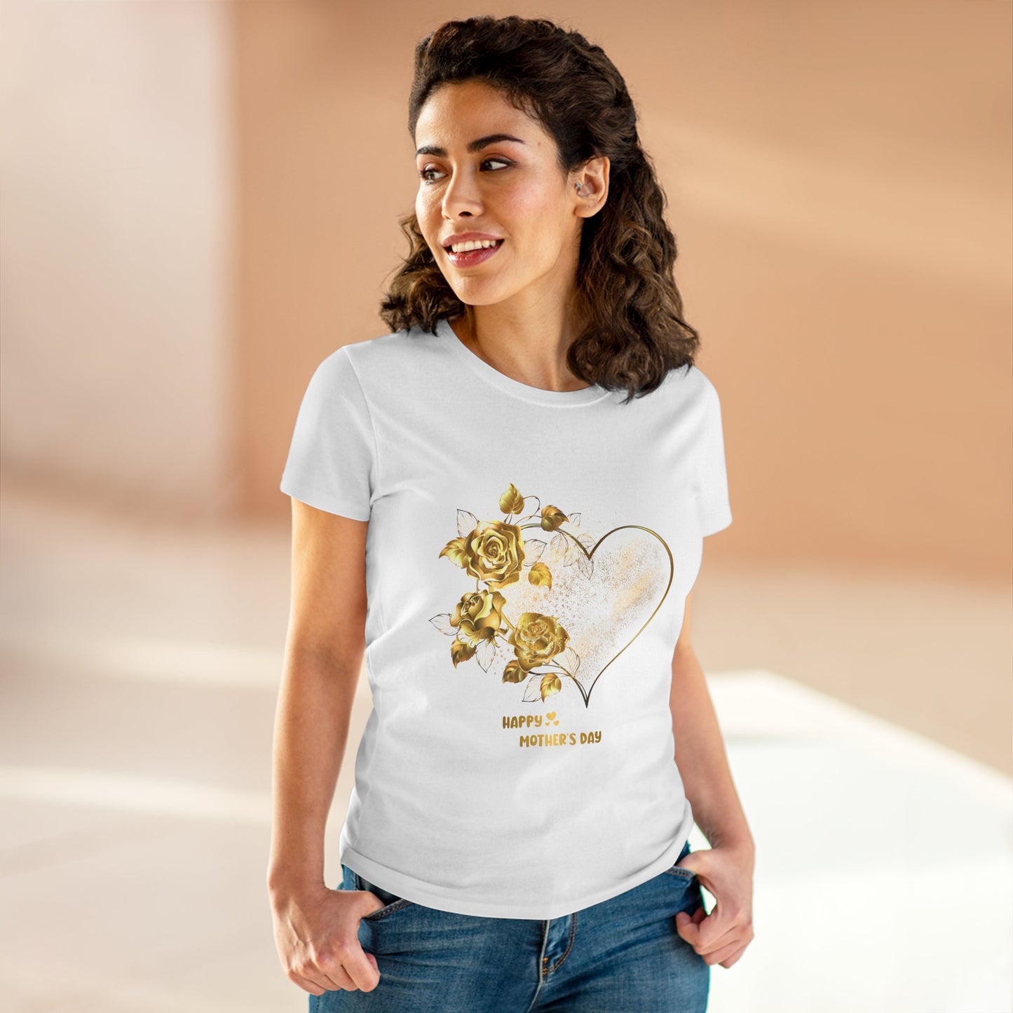 Happy Mother's Day Women's Midweight Cotton Tee with Gold Roses