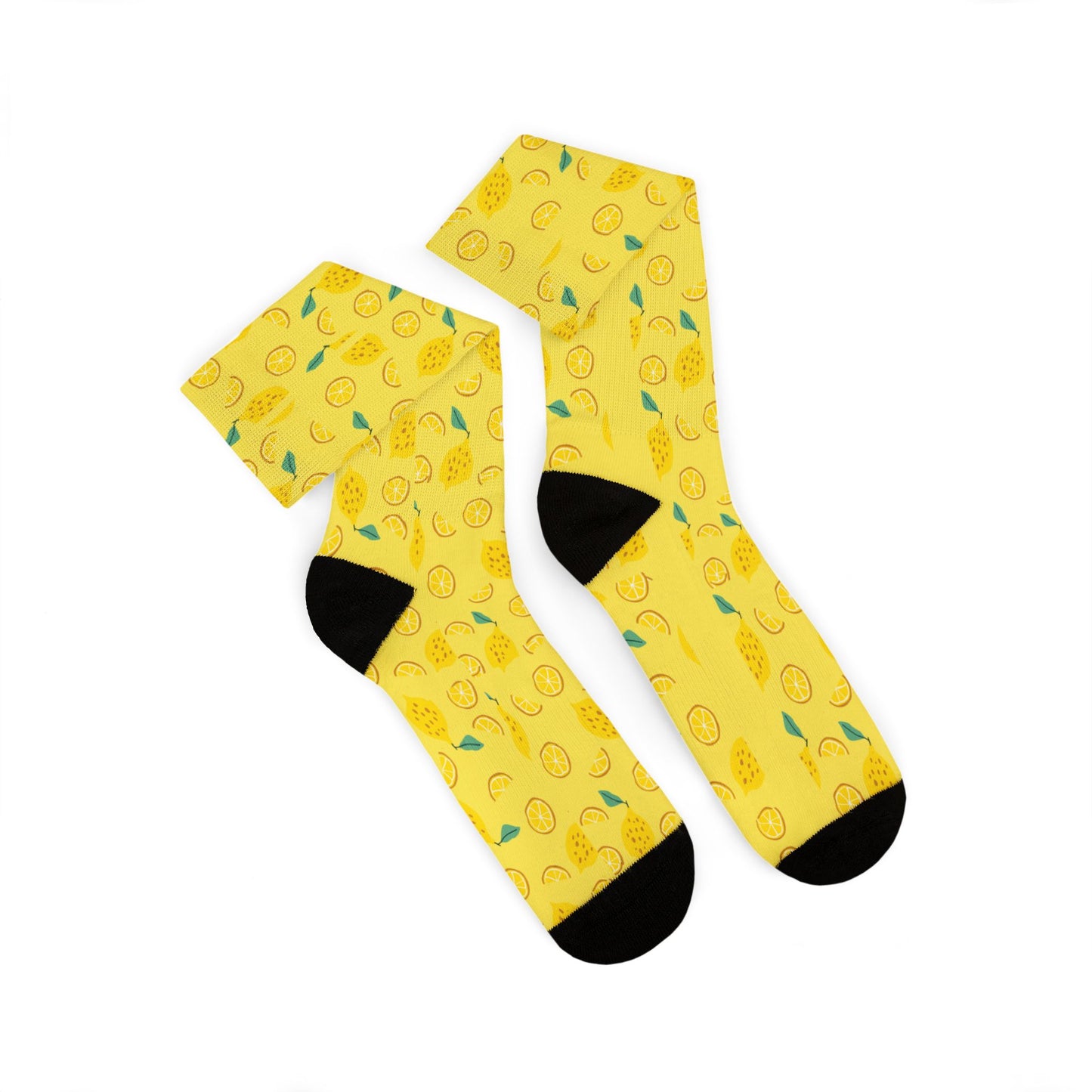 Lemon Pattern Sublimation Socks — Bright Yellow Citrus Crew Socks