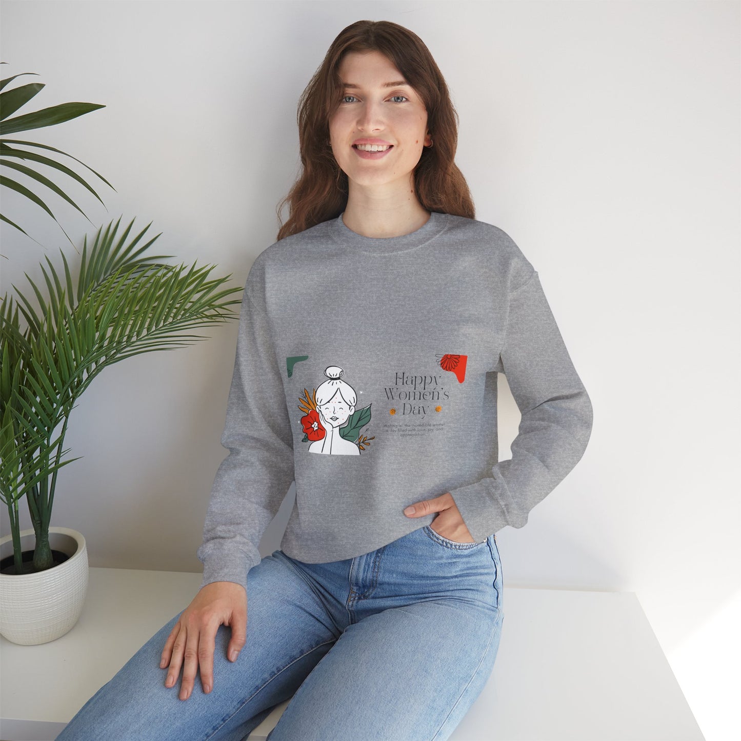 Crewneck Sweatshirt — "Happy Women's Day" Floral Line Art