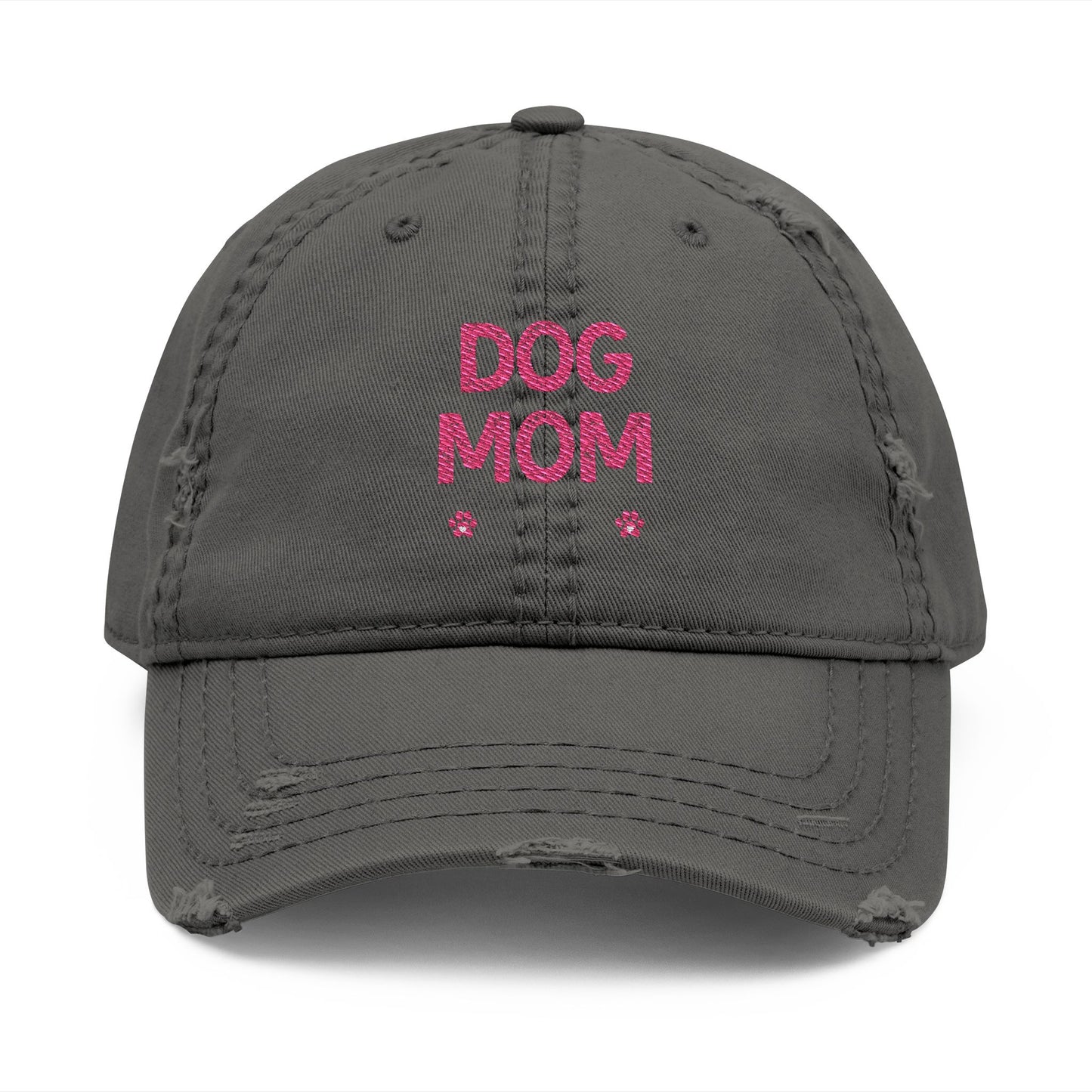 Dog Mom Embroidered Distressed Dad Hat – Pink Script
