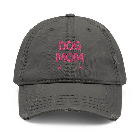 Dog Mom Embroidered Distressed Dad Hat – Pink Script
