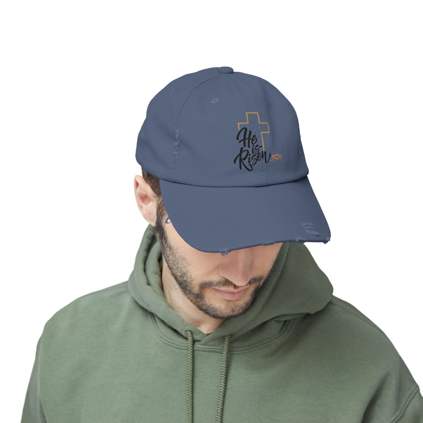 He Risen Distressed Baseball Cap – Christian Cross Hat