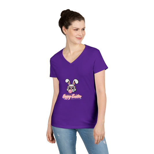 Easter Bunny Sunglasses V-Neck Tee — "Happy Easter" Ladies' T-Shirt