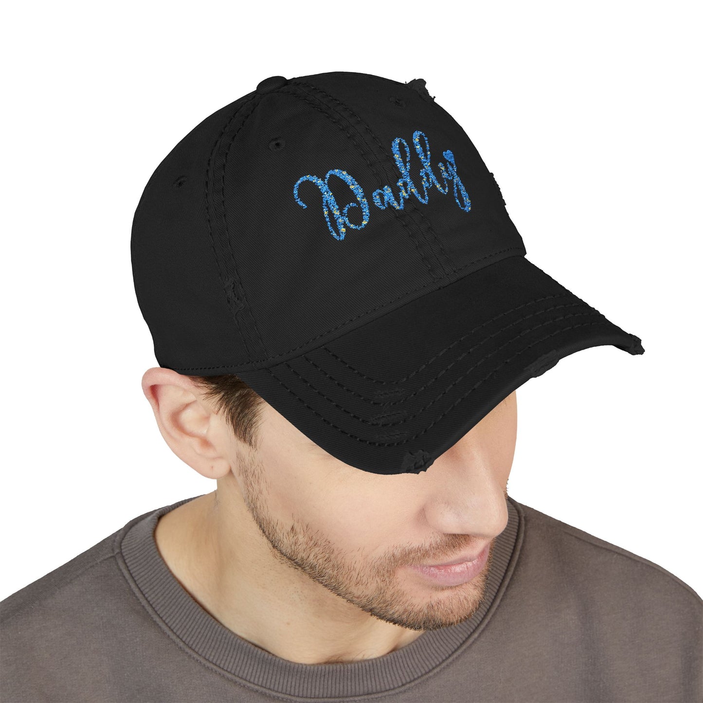 Daddy Embroidered Distressed Dad Hat – Blue Sequin Script