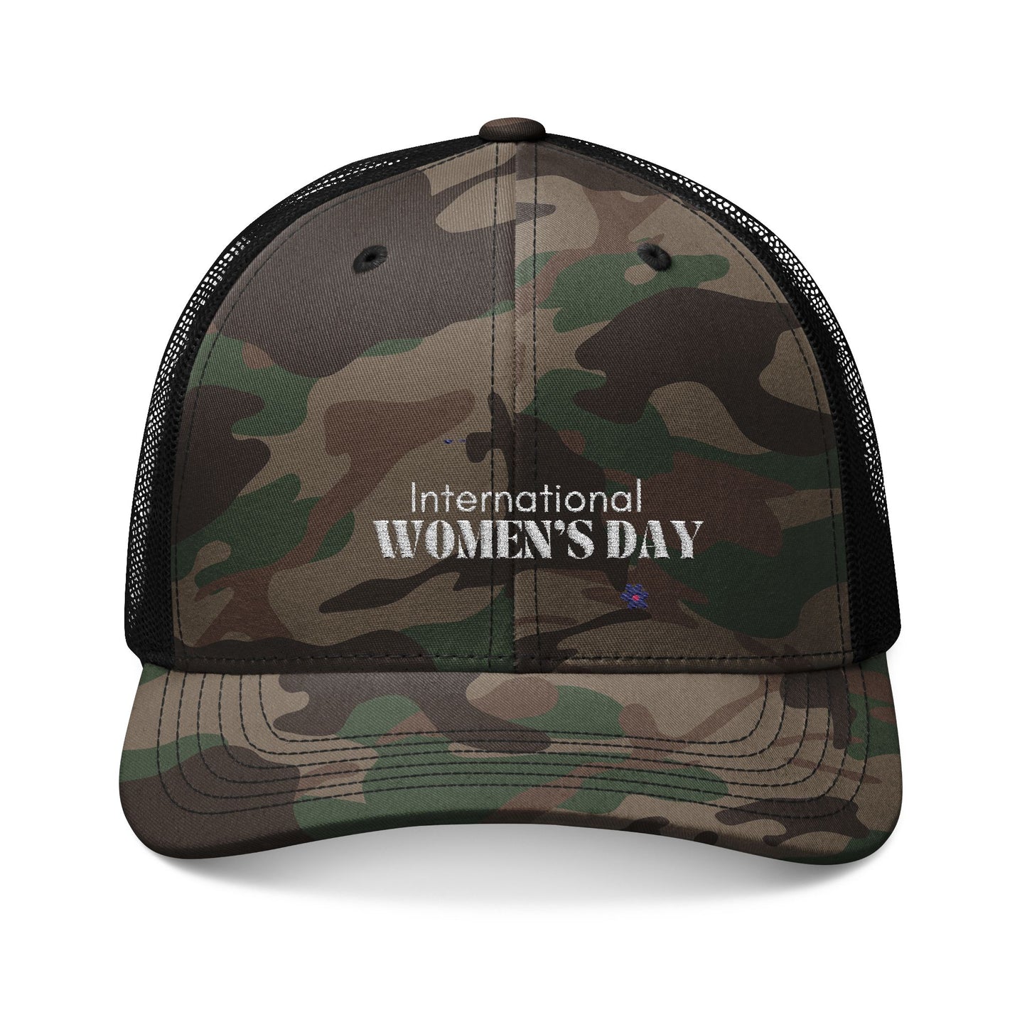 Camouflage Trucker Hat — Embroidered "International Women’s Day" Mesh Cap