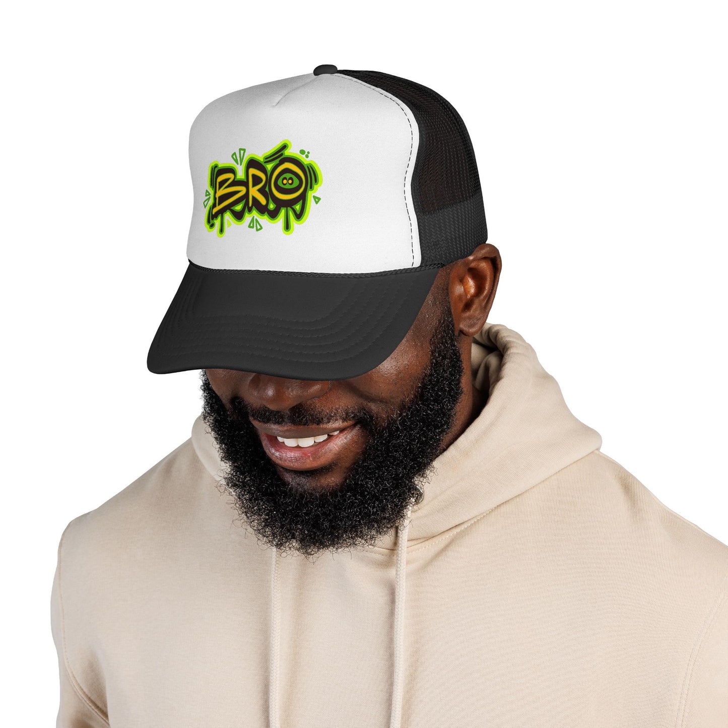 BRO Graffiti Trucker Cap — Neon Green Streetwear Mesh Hat