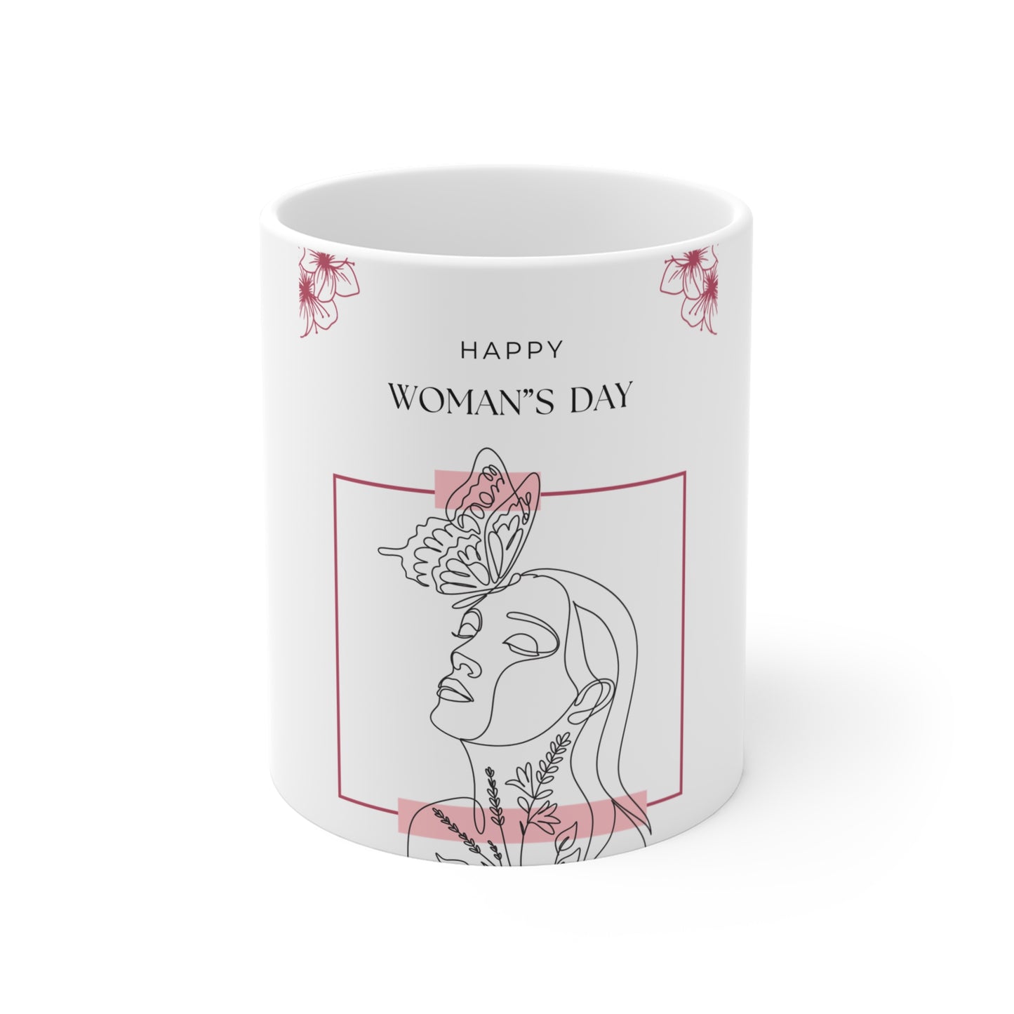 Women's Day Mug — 'Happy Woman's Day' Floral Line Art Coffee Cup