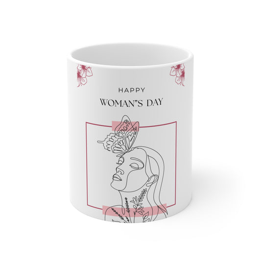 Women's Day Mug — 'Happy Woman's Day' Floral Line Art Coffee Cup