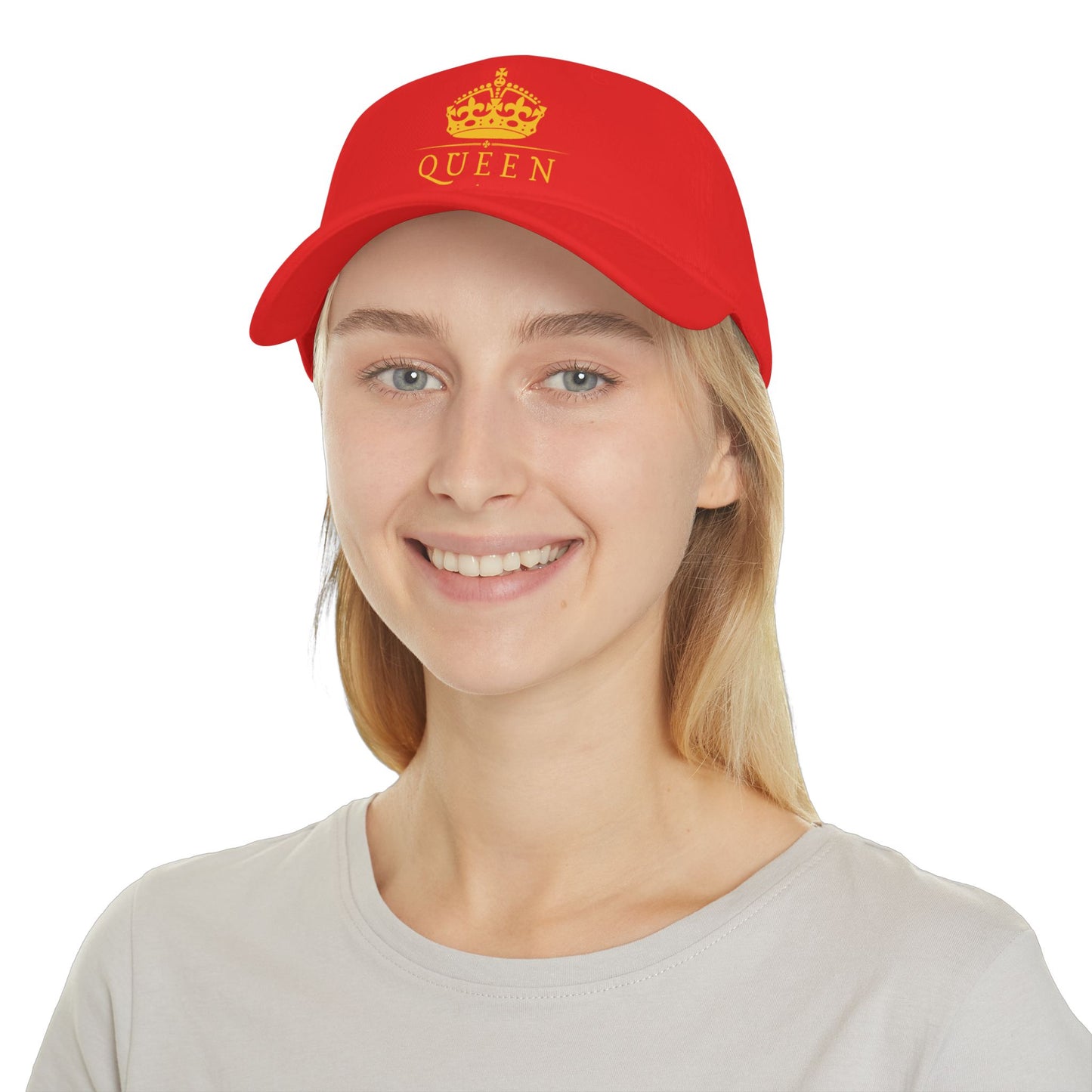 Queen Crown Baseball Cap — Red Low Profile Hat with Gold "QUEEN" Text