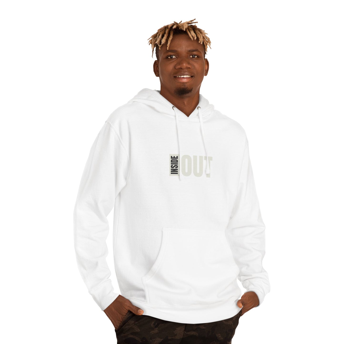 Inside Out Hoodie — Minimalist White Pullover with Subtle Typography
