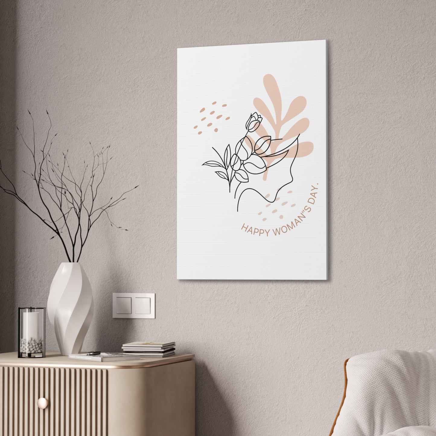 Happy Woman's Day Floral Canvas Art — Minimal Line Drawing Stretched Canvas