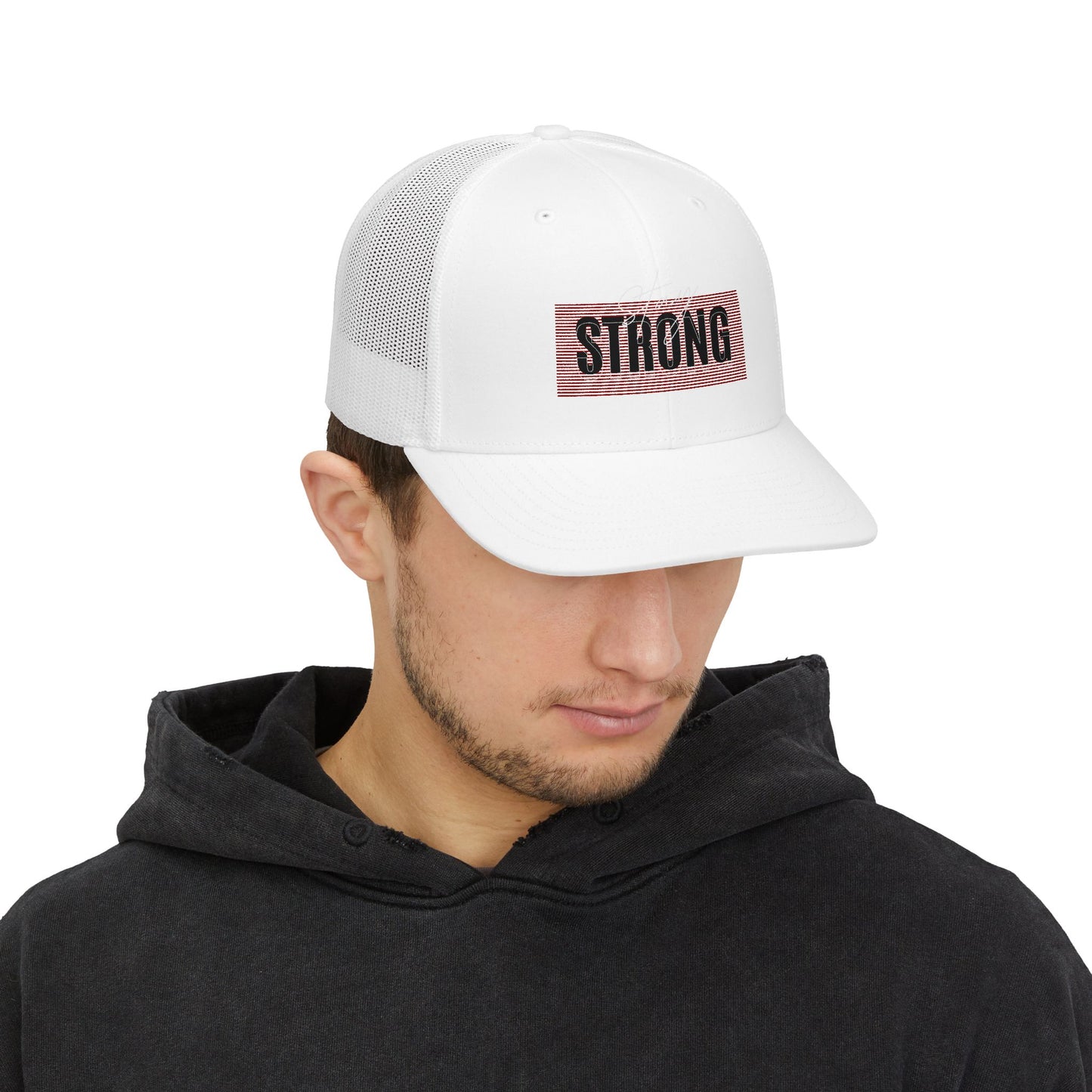 Strong Snapback Trucker Cap — Bold Red Text Mesh Baseball Hat