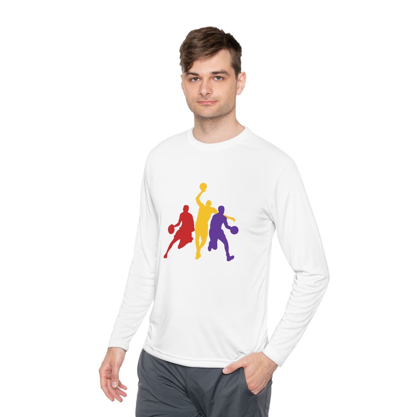 Basketball Silhouette Long Sleeve Tee — Colorful Players Graphic