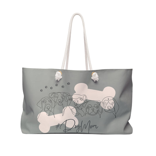 Dog Mom Weekender Bag – Grey Tote with Dog Line-Art & Bone Design
